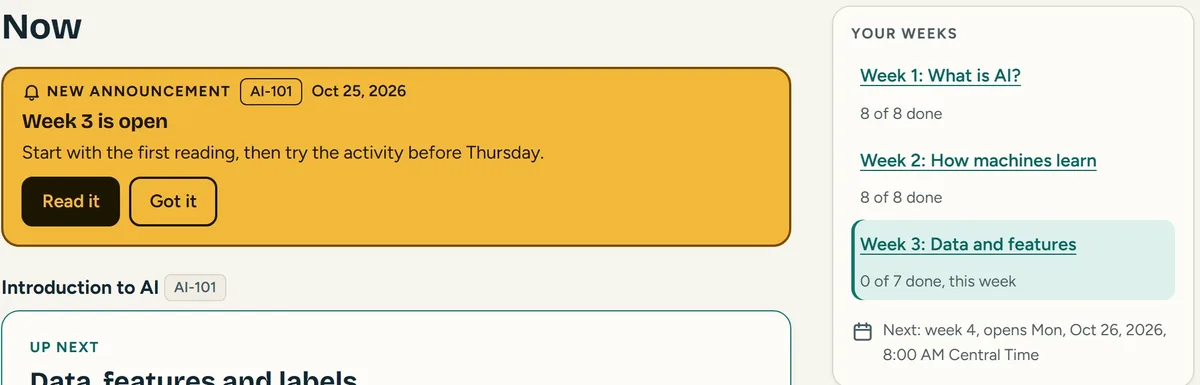The Rowmio demo Now page: a card listing a student's weeks, with the next week opening on a Monday at 8:00 AM Central, and an amber announcement.