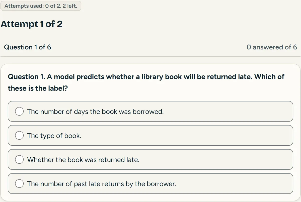 A Rowmio demo quiz page showing the attempts used and the first question with four answer choices.