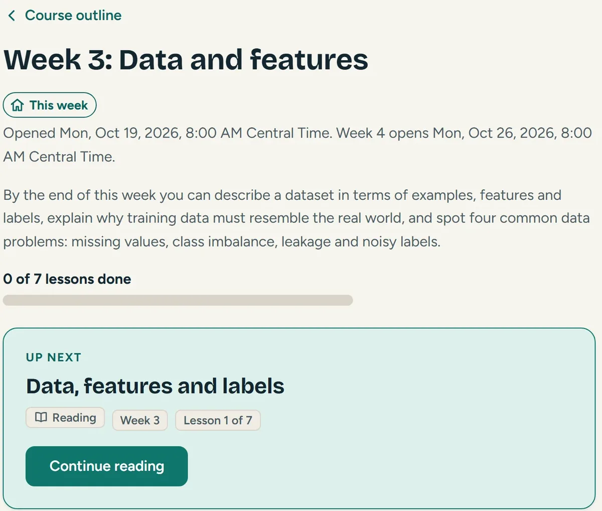 A Rowmio demo week page with the week title and a teal Up next card pointing to the next lesson.